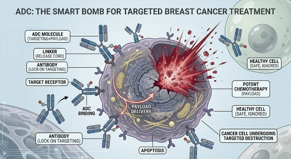 Illustration of targeted cancer therapy: antibodies delivering payload to a cancer cell with arrows showing ADC delivery and apoptosis.