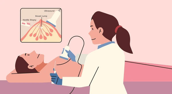 Medical professional guides a patient through a mammography exam with the imaging unit beside them, in a clinical setting.