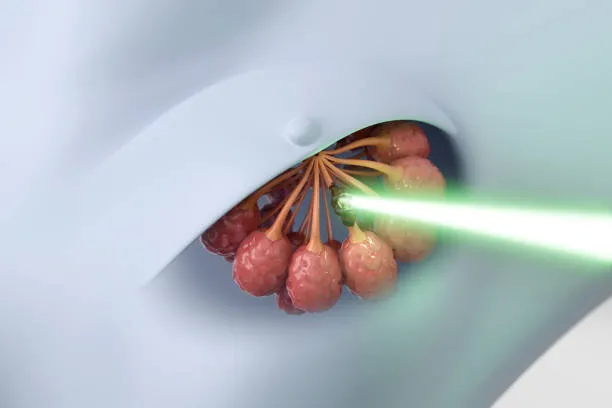 Close-up of a dental laser procedure inside the mouth, with a green laser beam targeting pink tissue or material.