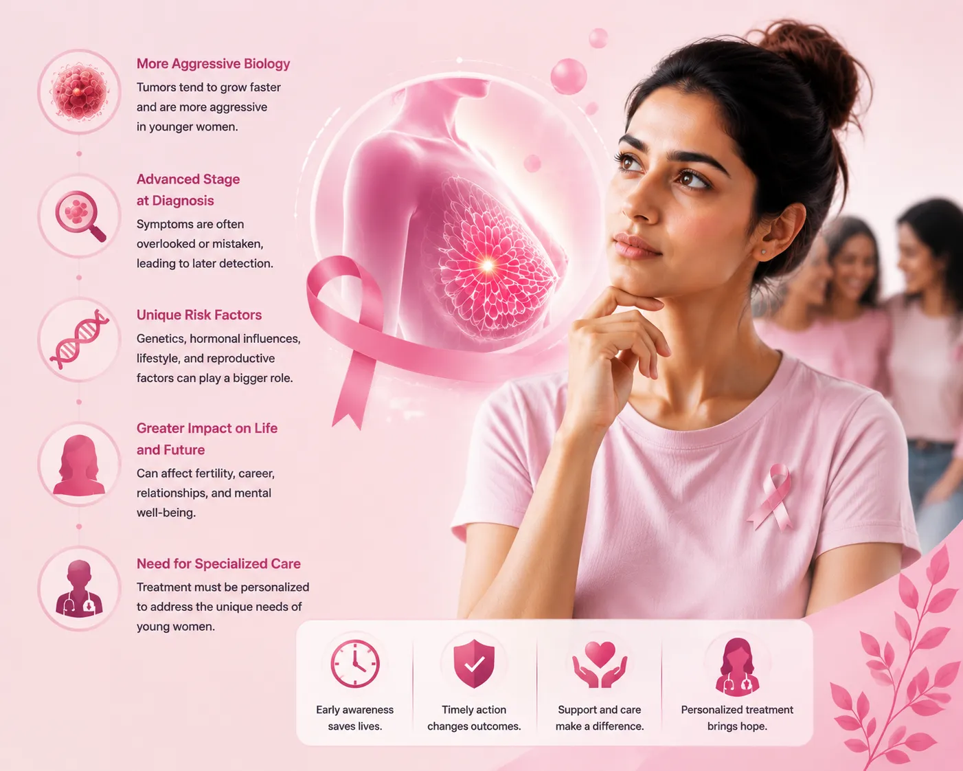 Pink breast cancer awareness infographic featuring a woman, a large breast diagram, and bullet points on risk, diagnosis, and personalized care.